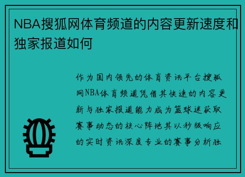 NBA搜狐网体育频道的内容更新速度和独家报道如何